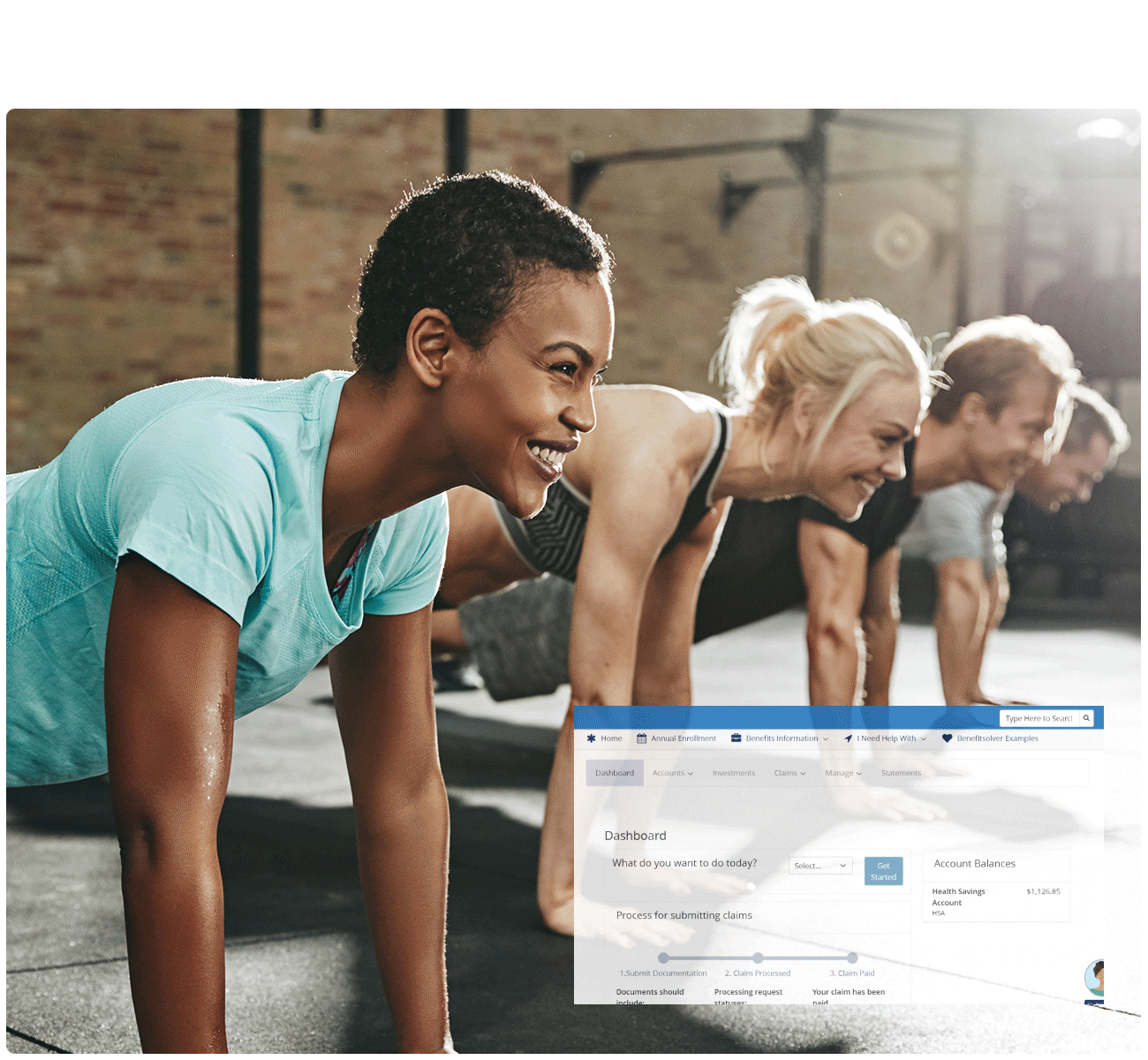 People in a fitness class with an image of the employee dashboard view.